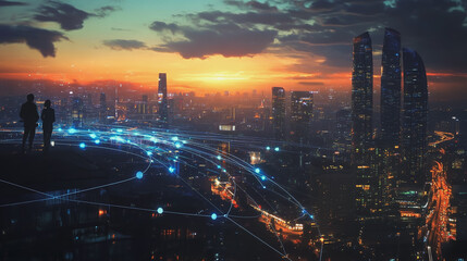 abstract professional business team people connection of line from nail node to node on Smart digital cityscap and skyline background , Innovation networking concept