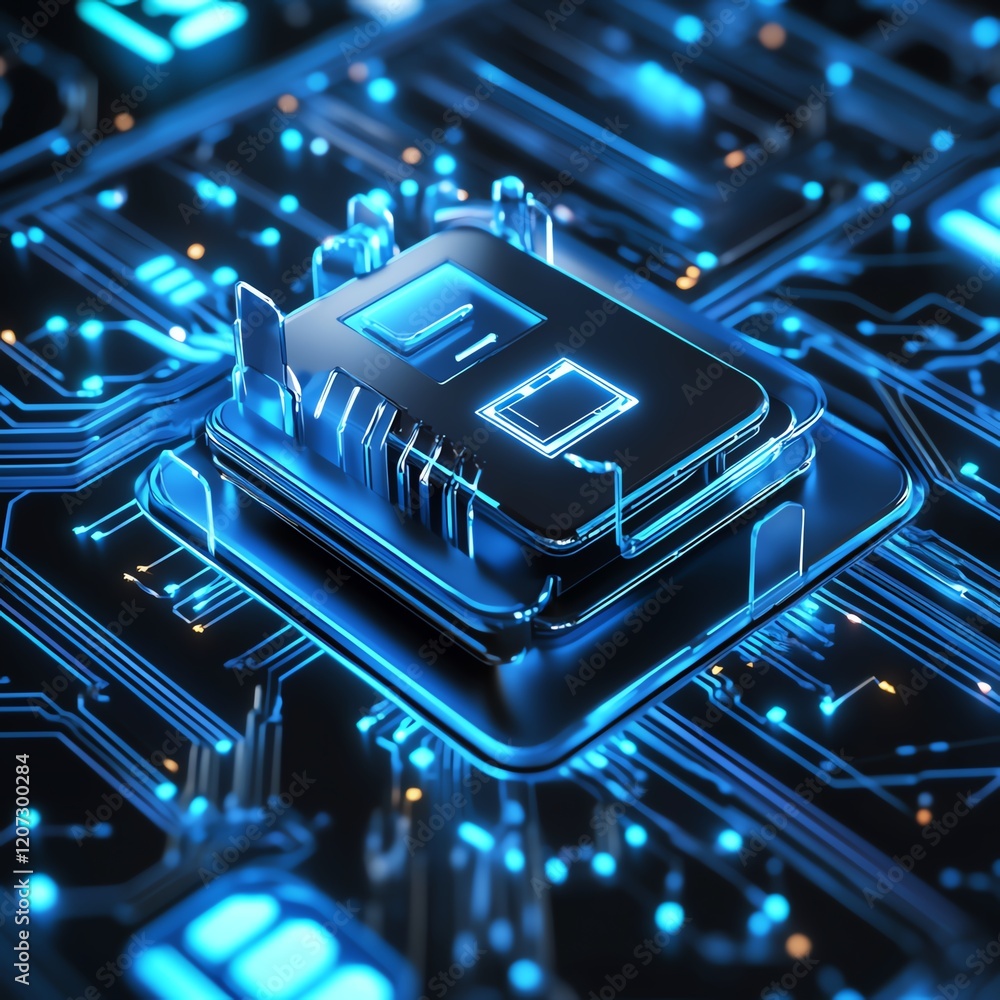 Poster advanced microchip placed on a glowing circuit board in a futuristic digital environment
