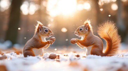 In a picturesque winter landscape, two adorable squirrels enjoy nuts together, capturing the essence of companionship and playfulness in nature's chilly embrace.