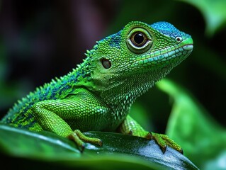 Obraz premium Vibrant green lizard resting on a tropical leaf in lush rainforest.