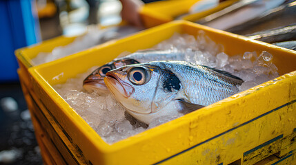 fish in a yellow box containing ice cubes