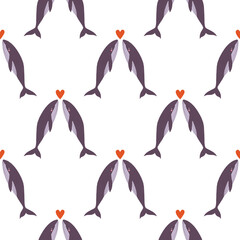 Seamless pattern with whales and red hearts. Romantic marine design perfect for Valentine’s Day, weddings, gift wrap, stationery, packaging, fabric, scrapbooking, crafts. 