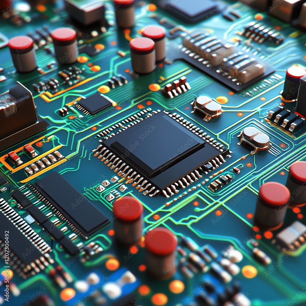 Poster close-up view of a printed circuit board showcasing intricate components and connections during elec