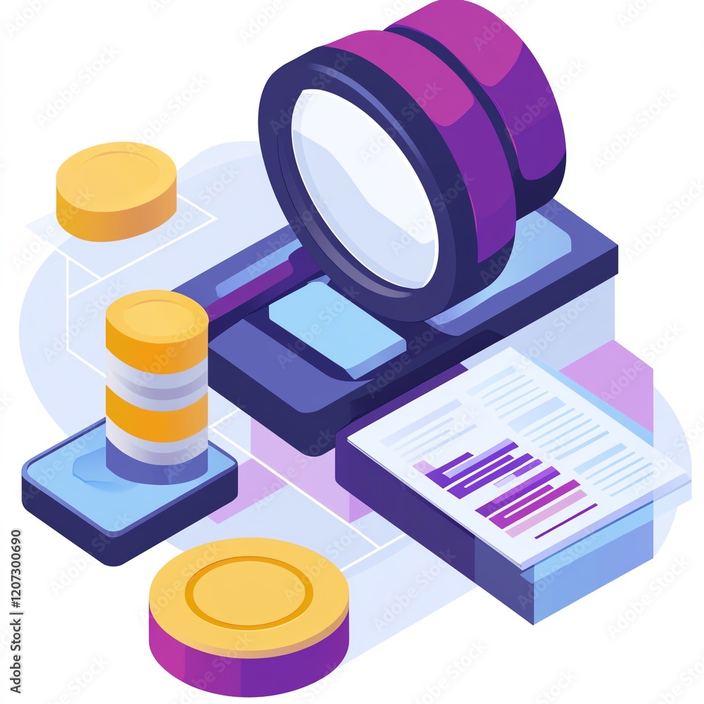 Poster graphic representation of financial analysis tools and data processing in a contemporary workspace