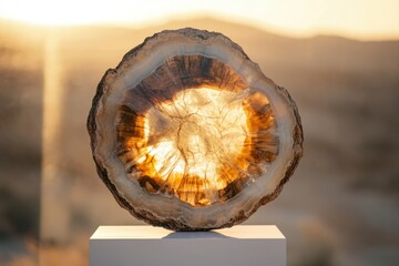 A mesmerizing backlit agate geode, showcasing its intricate internal patterns and vibrant warm hues against a desert sunset.