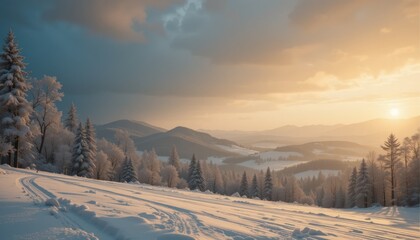 Snowy mountain vista at sunset, ski tracks, winter wonderland