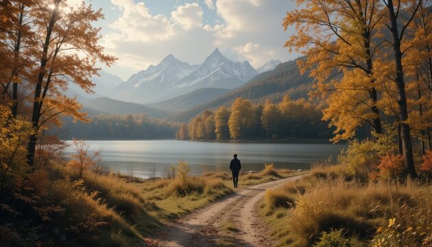 Man walks autumn lake path, mountain backdrop, serene travel