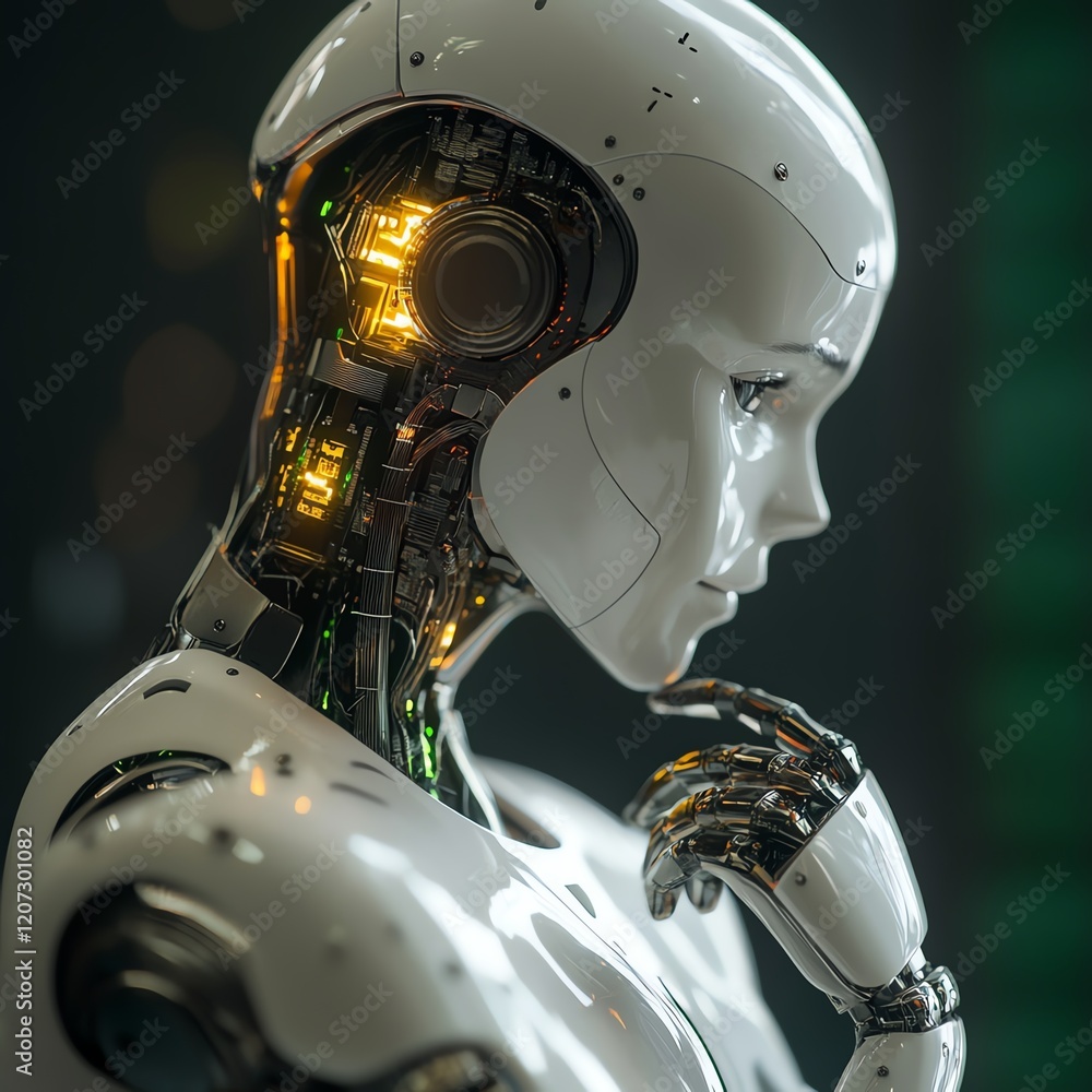 Poster robot contemplating its existence while immersed in a futuristic setting with glowing circuits in th