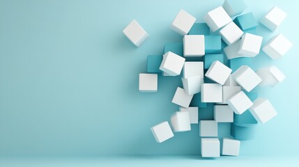 A captivating arrangement of white and blue cubes, scattered creatively against a solid turquoise background, evoking a sense of modern art and abstract design.
