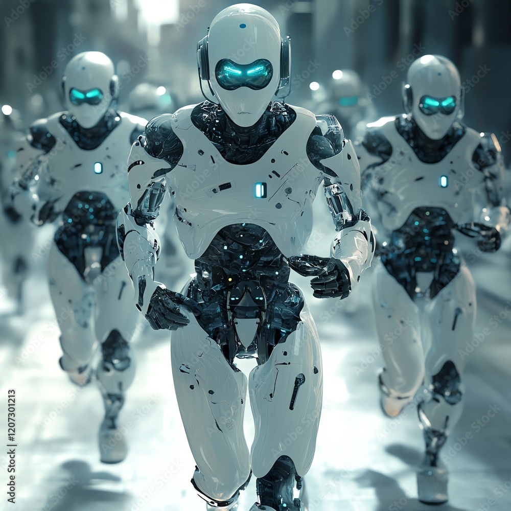 Aufkleber futuristic robots run through a high-tech city in a fast-paced urban environment