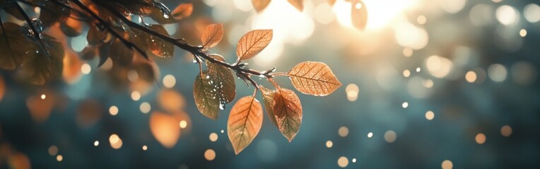 Raindrops on autumn leaves with sunlight. Ideal for nature blogs, seasonal promotions, and calming visuals.