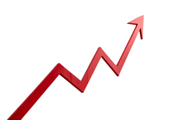 Red upward arrow graph showing rising trend, cut out
