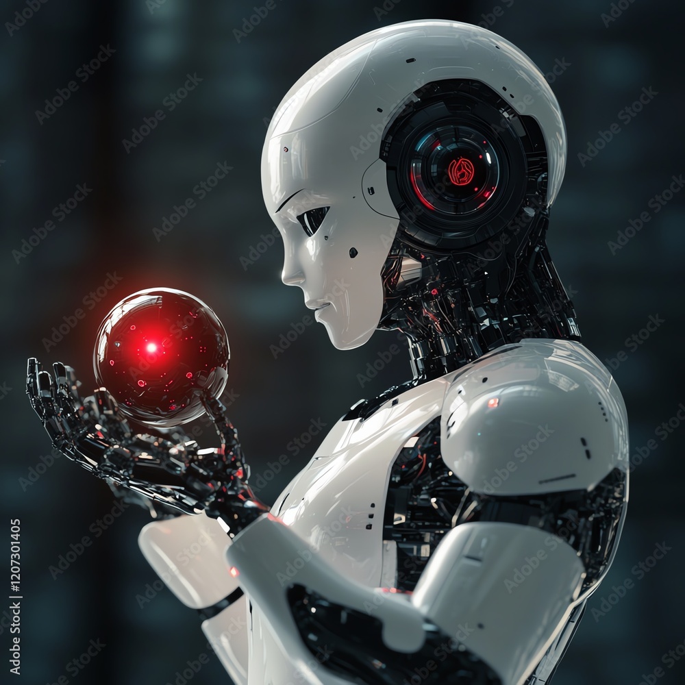 Poster advanced robotic figure examining a glowing orb in a futuristic environment with intricate details v