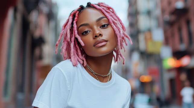 A striking portrait of a confident young woman with pink dreadlocked hair, standing confidently against an urban backdrop, showcasing contemporary fashion.