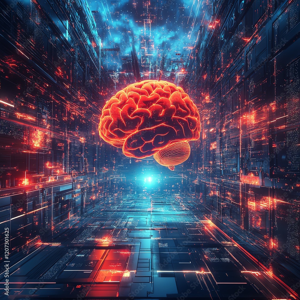 Poster abstract representation of a glowing brain in a futuristic digital environment with vibrant lights a