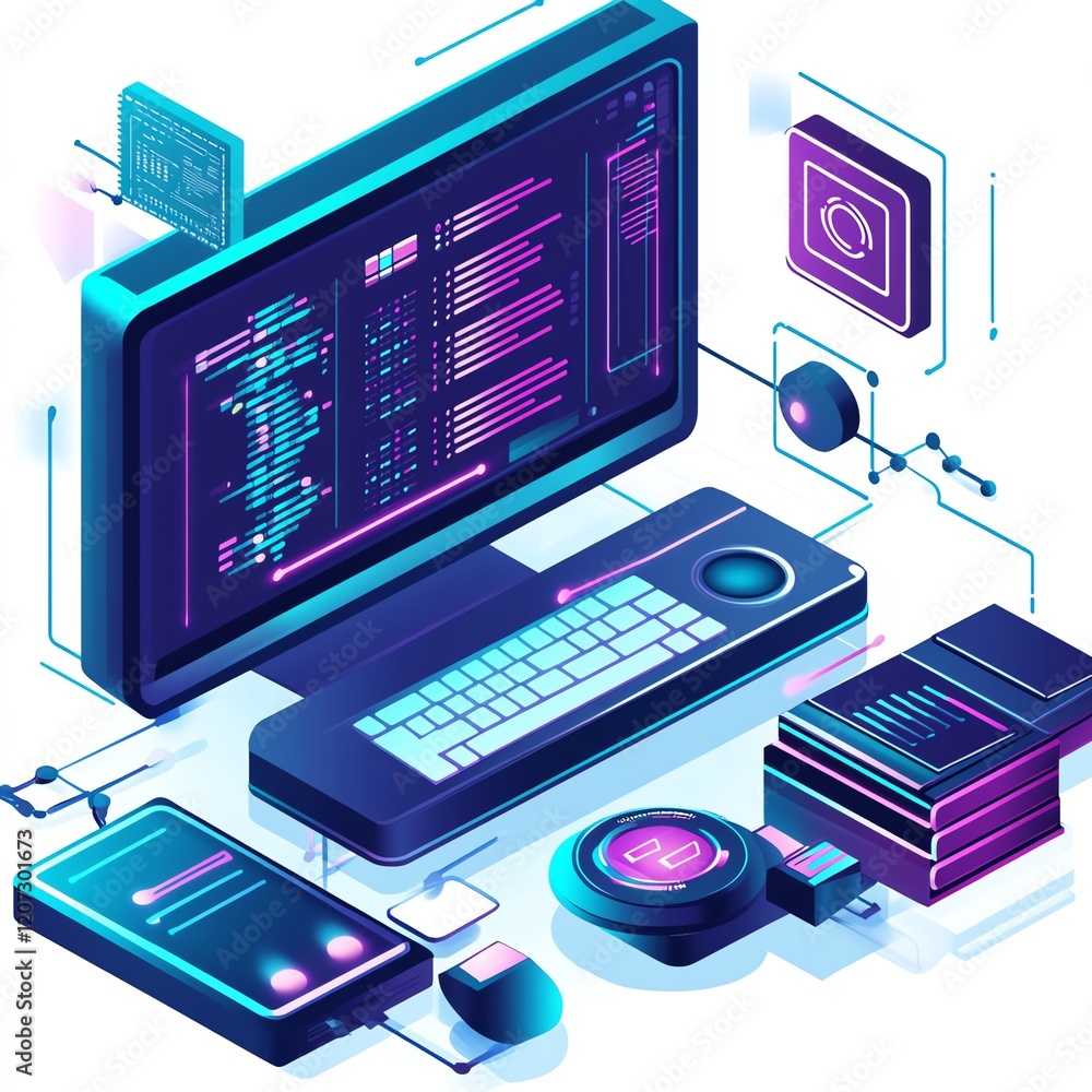 Poster modern workspace setup featuring technology, coding elements, and digital tools during a creative se