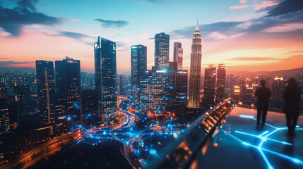 Fototapeta premium abstract professional business team people connection of line from nail node to node on Smart digital cityscap and skyline background , Innovation networking concept