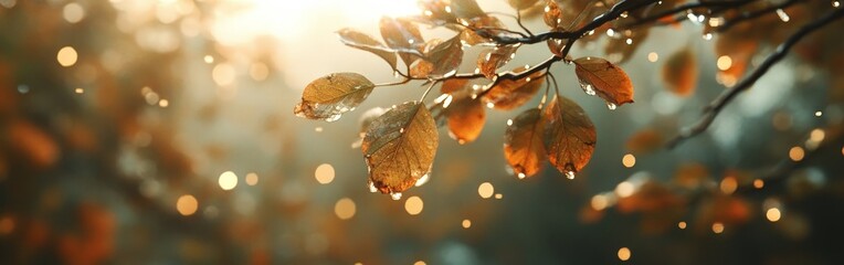 Raindrops on autumn leaves with sunlight. Ideal for nature blogs, seasonal promotions, and calming visuals.