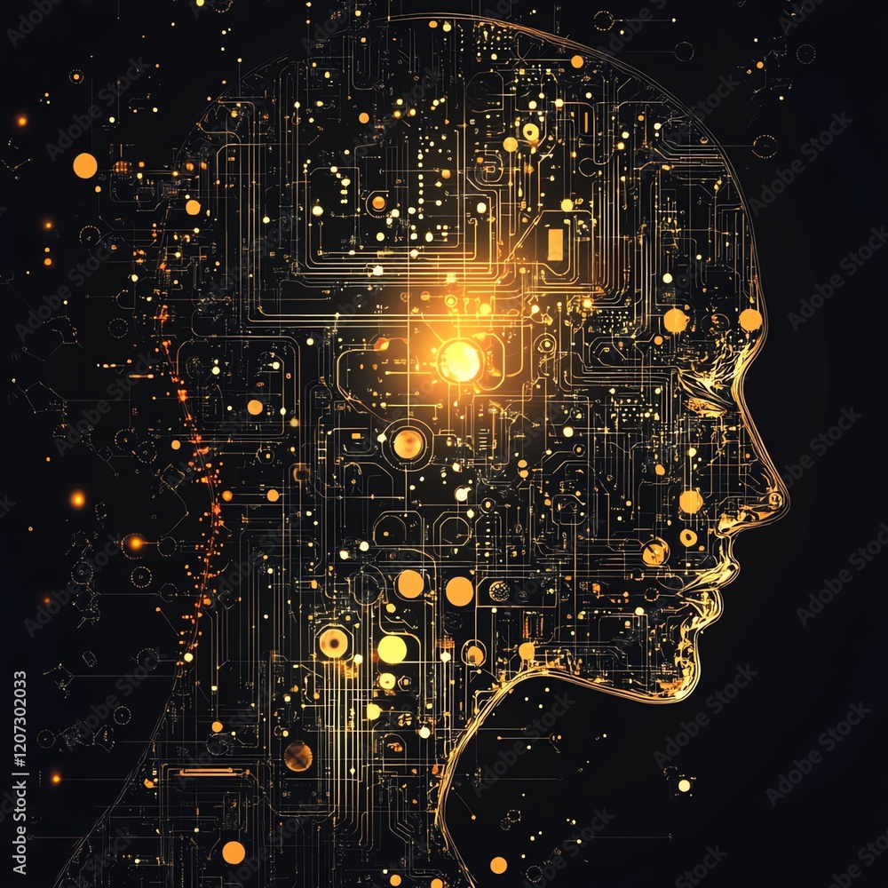 Poster digital representation of a human head with abstract circuit patterns and glowing elements illustrat
