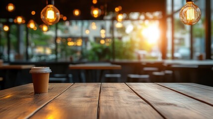 A cozy coffee cup sits on a rustic wooden table as warm sunlight filters through the café window, creating an inviting atmosphere for relaxation and conversation.