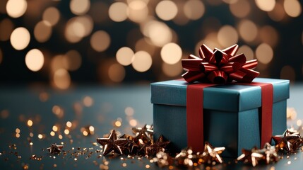 A charming gift box with a red bow rests in a sea of sparkling gold stars, perfect for conveying feelings of joy, warmth, and generosity during festive occasions.