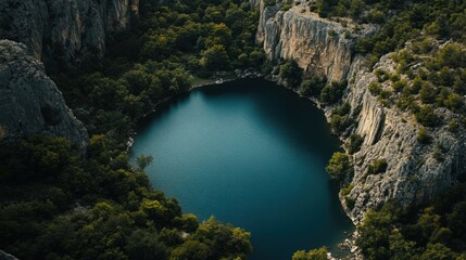 A stunning aerial view of a blue lake surrounded by rocky cliffs and lush green trees