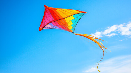 Colorful kite flying in the blue sky with clouds