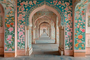 Obraz premium Ornate Indian Palace Corridor with Vibrant Colors and Intricate Carvings