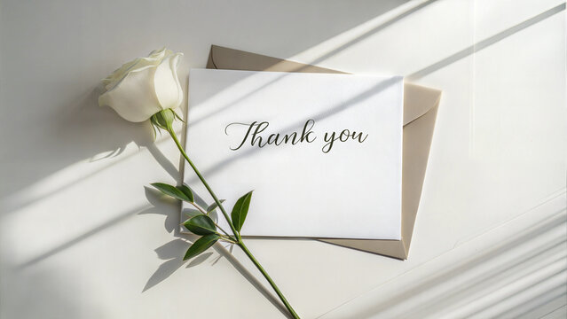 Elegant thank you card with a white rose on a bright surface