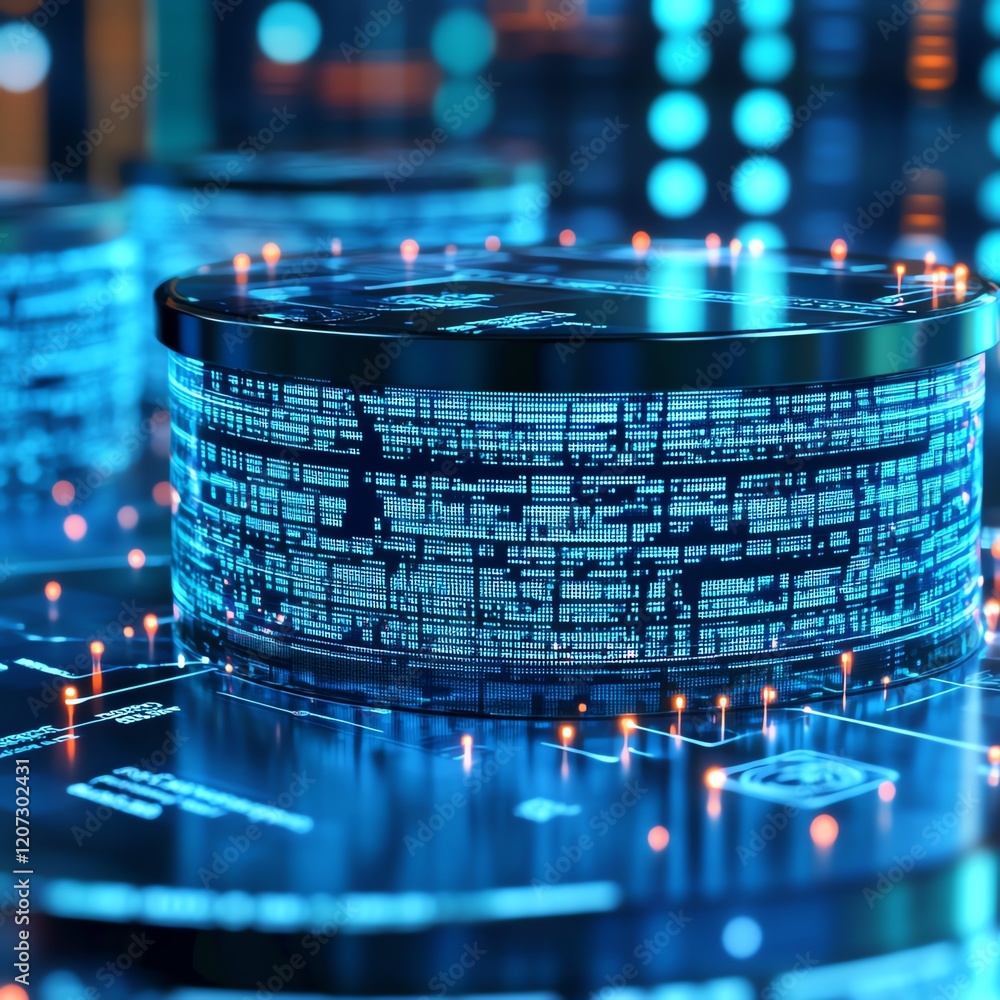 Poster digital data processing and analysis at a futuristic technology hub showcasing vibrant blue patterns