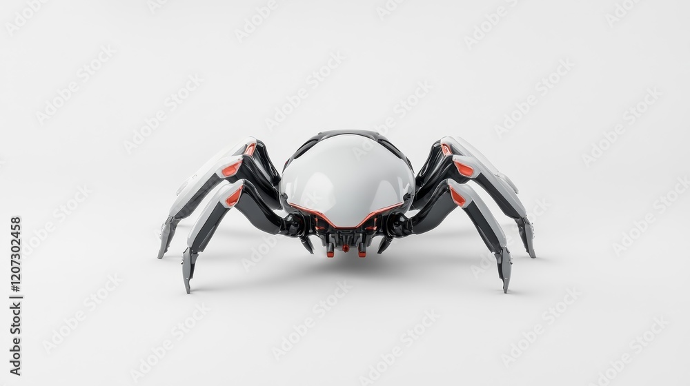 Poster futuristic robot spider design showcasing advanced technology with sleek black and white color schem