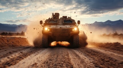 Set against a rugged backdrop, this image depicts an armored vehicle kicking up dust as it speeds along a rough terrain, highlighting adventure and exploration.
