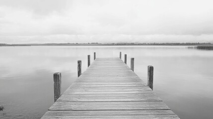 Obraz premium Serene monochrome landscape photo of a wooden dock extending into a calm lake under a cloudy sky.