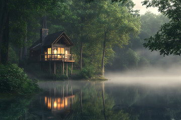 Fototapeta premium Whispers of Serenity A Tranquil Lakeside Retreat at Golden Hour