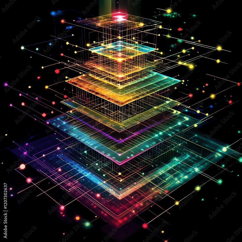 Poster colorful layered digital structures with glowing particles showcasing futuristic design and technolo