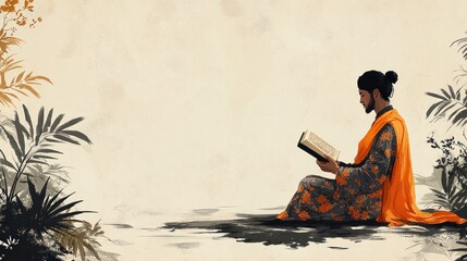 Man in orange robe seated, reading book, serene setting.