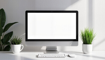 Modern desktop monitor mockup on white desk with minimalist workspace setup with copy space