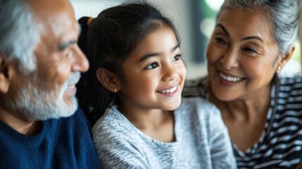 Fototapeta premium An Asian girl enjoying quality time with her parents and grandparents in their home, with natural light streaming in and a comfortable family vibe.