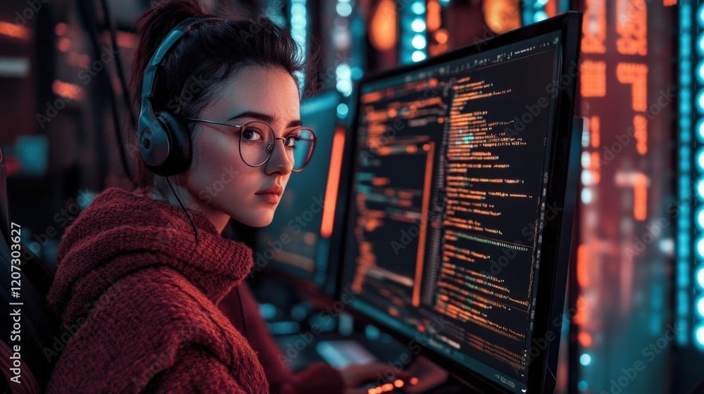 Poster focused female programmer working on code in a dark, neon-lit environment