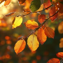 Obraz premium Raindrops on autumn leaves with sunlight. Ideal for nature blogs, seasonal promotions, and calming visuals.