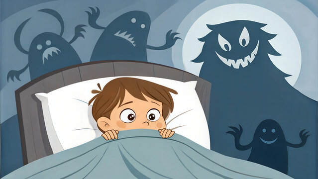 A scared child hiding under the covers in bed from imaginary monsters