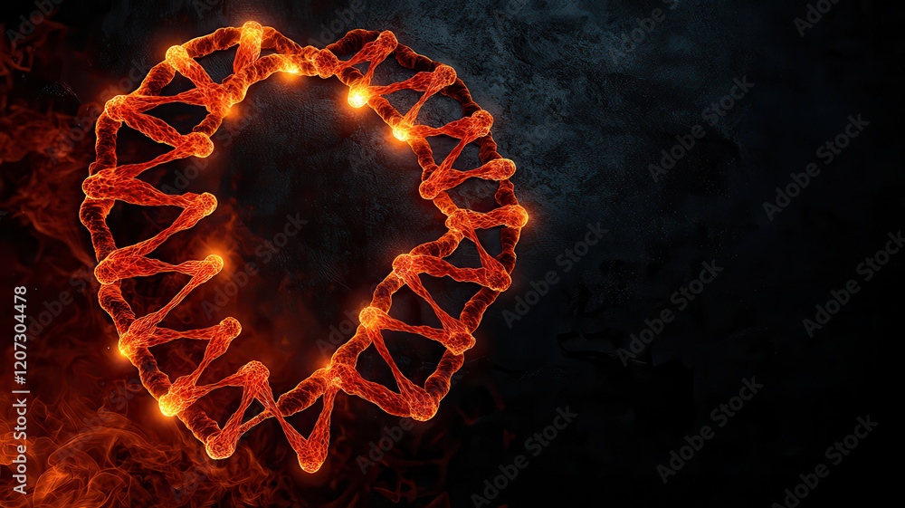 Poster dna bridging past and present concept, glowing dna helix shape with fiery elements on dark backgroun