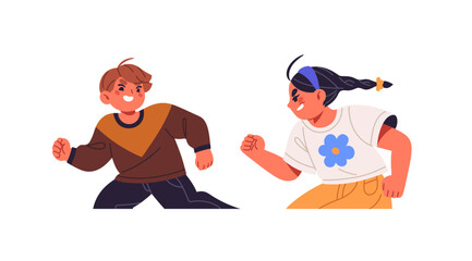 Happy children play tag at playground. Cute kids have fun together. Little girl and boy run, rushing. Friends catch up each other outdoor. Flat isolated vector illustration on white background