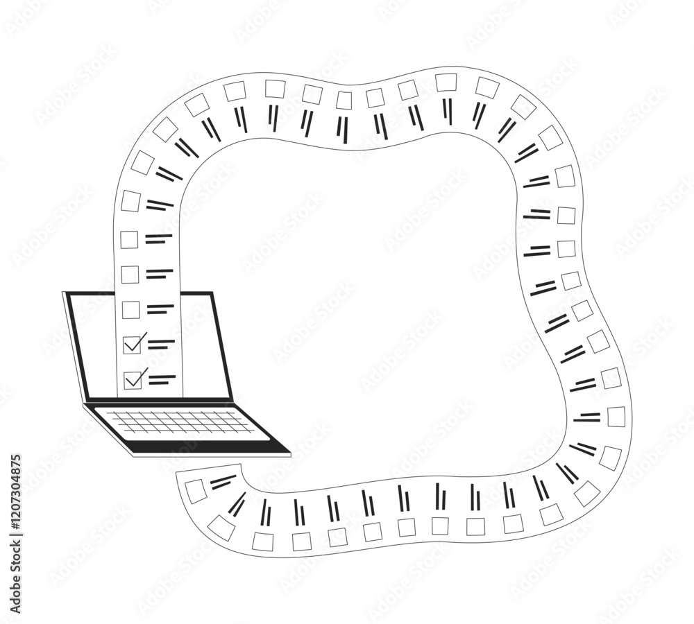 Aufkleber laptop with continuity list tasks black and white 2d line object. workflow automation checklist. dig