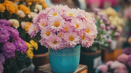 Close-up of soft pink chrysanthemums in a vintage ceramic vase, surrounded by other colorful floral arrangements in a flower shop.