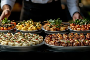 Obraz premium Catering. A waitress from the restaurant serves food to a table