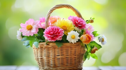 Colorful summer bouquet featuring dahlias, cosmos, and lisianthus, styled in a vintage wicker basket outdoors in natural light.