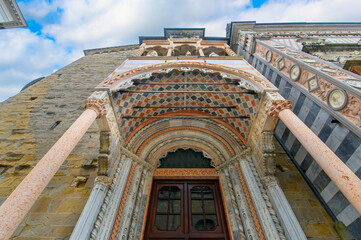 Basilica of Santa Maria Maggiore in Citta Alta, Bergamo, Italy. Historical cathedral architecture of Old town. Beautiful medieval church 