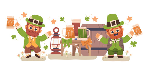 Two cute leprechauns drinking beer celebrating Saint Patrick's Day. Flat vector illustration