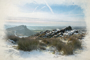 A winter landscape digital watercolour illustration of Hen Cloud in the Staffordshire Peak District National Park, England, UK.